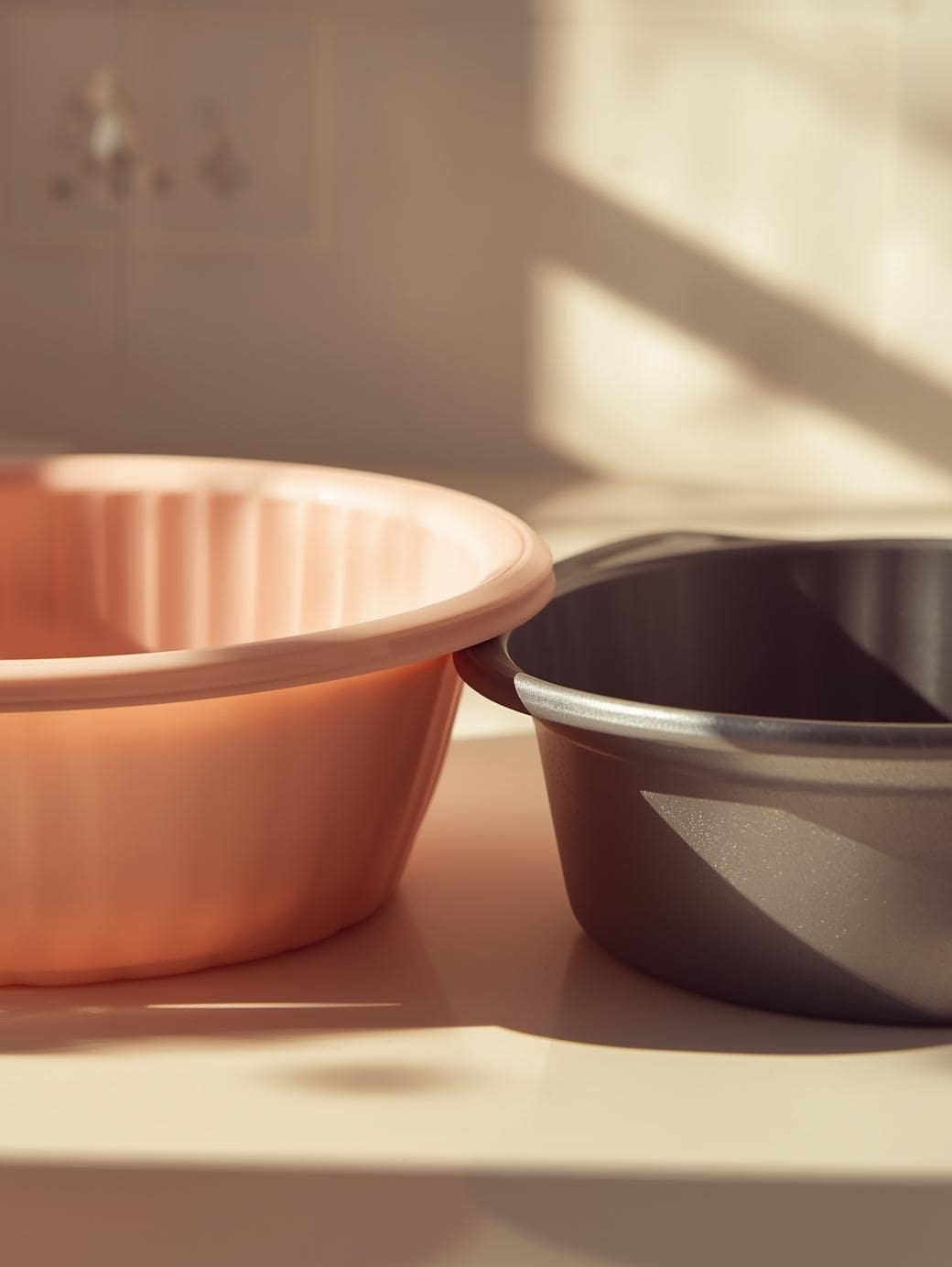 Silicone and metal cake pans side by side in sunlight