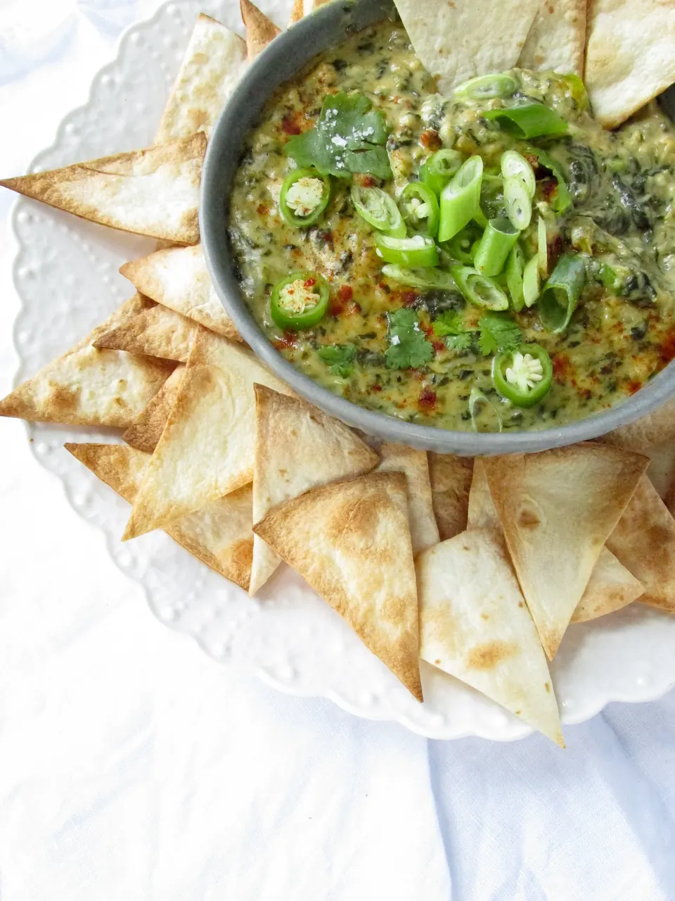 Spinach Cheese Queso Dip with Baked Tortilla Chips