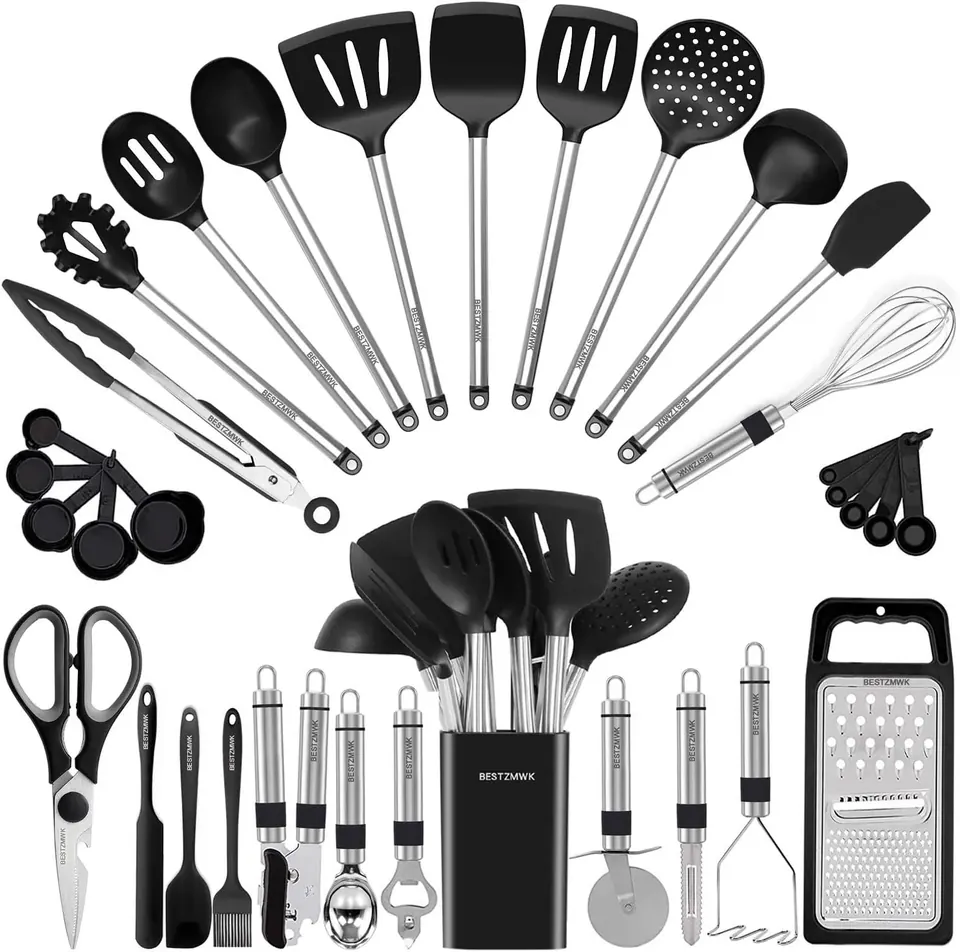 Black silicone cooking utensil set with stainless steel handles and holder