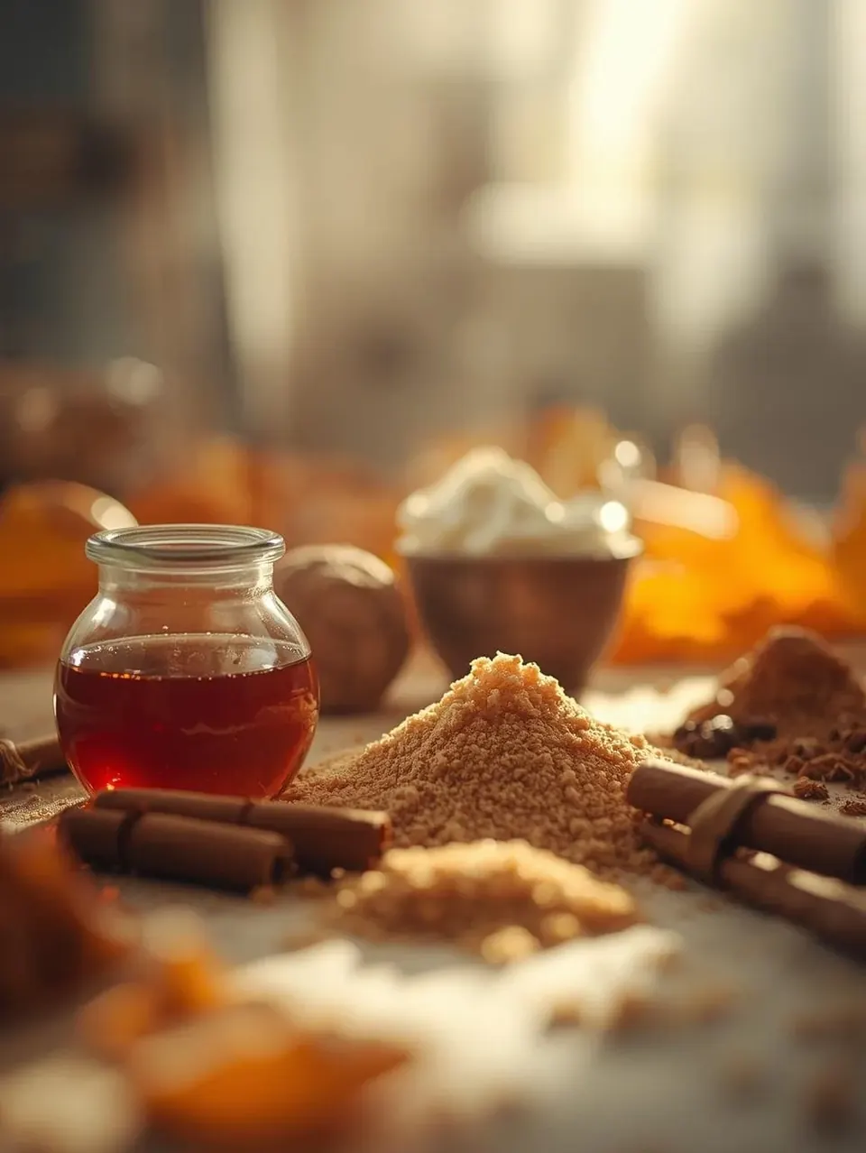 Jar of maple syrup beside a mound of brown sugar